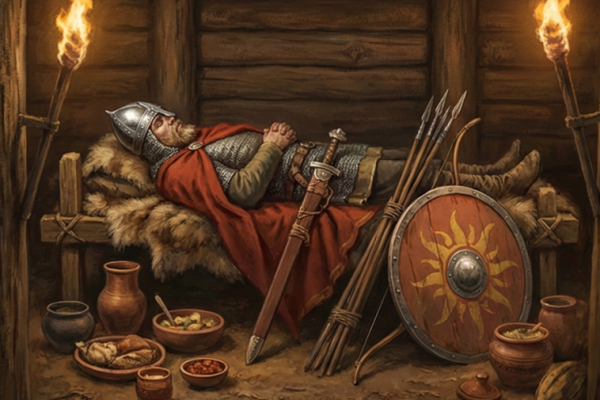 A person in a Viking costume lying on a bed with weapons and herbs beside them.