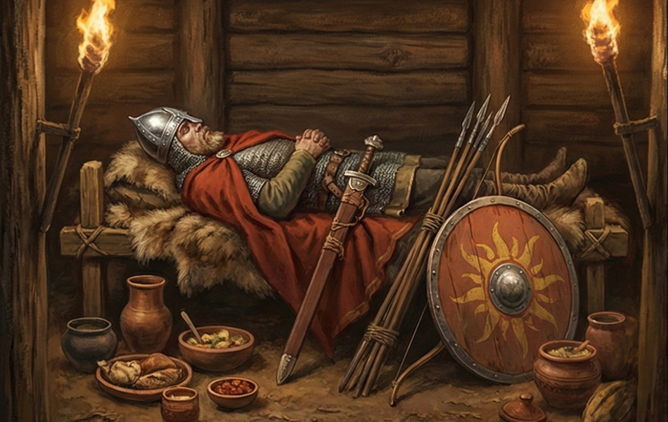 A person in a Viking costume lying on a bed with weapons and herbs beside them.