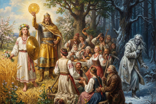 A group of people dressed in traditional folk costumes gather around an ancient tree, preparing to celebrate the changing seasons with offerings and a gathering of family.