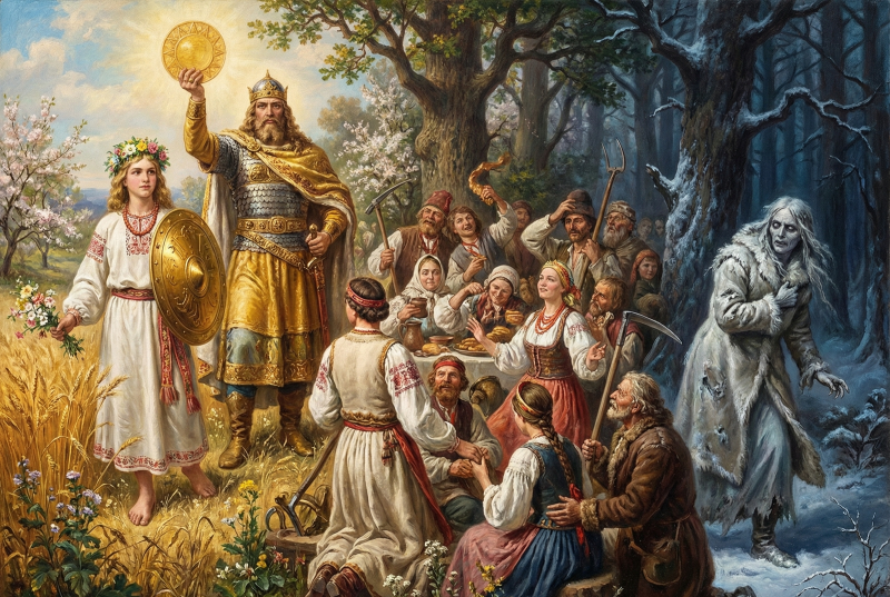A group of people dressed in traditional folk costumes gather around an ancient tree, preparing to celebrate the changing seasons with offerings and a gathering of family.