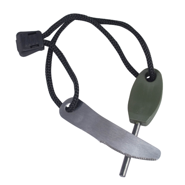 A black leather rope with a metal carabiner and knife sheath attached to it.