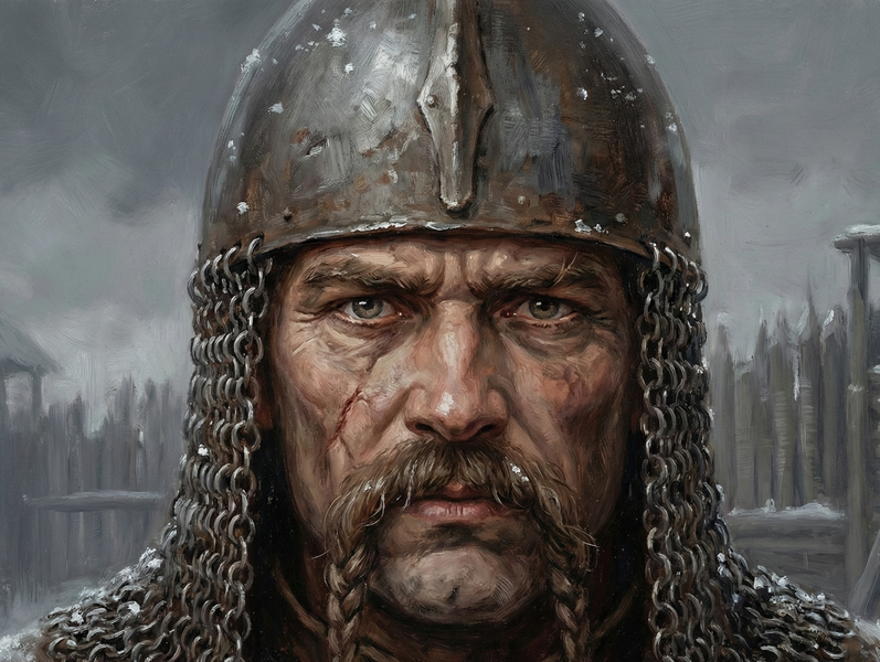 A man in a helmet stands before a fortified wall.