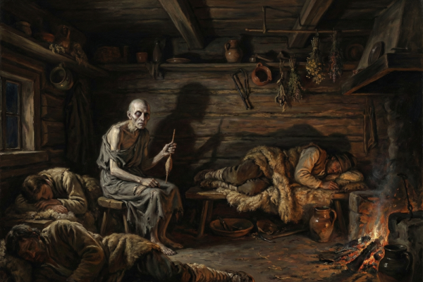 The old man sits in the forest hut, carving by candlelight. In the background, a fire burns with a wooden spoon resting nearby.