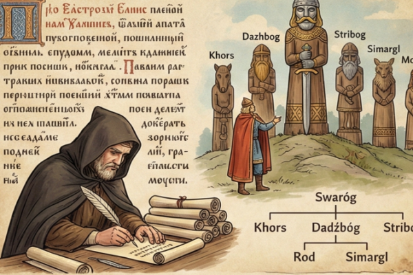 The image portrays an ancient manuscript in a modern setting, where the Rodnovers, a modern Slavic heathen religion, are depicted interacting with their ancestral traditions.