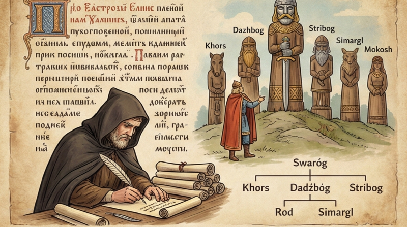 The image portrays an ancient manuscript in a modern setting, where the Rodnovers, a modern Slavic heathen religion, are depicted interacting with their ancestral traditions.