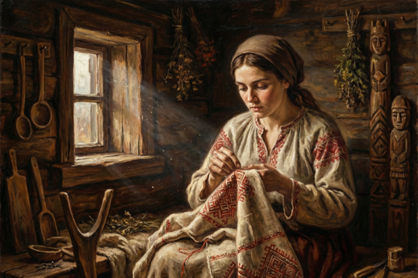 A woman is sitting in a rustic room and working on a loom to weave cloth. She has a basket next to her filled with natural fibers, a wooden spindle, and various other tools for weaving.