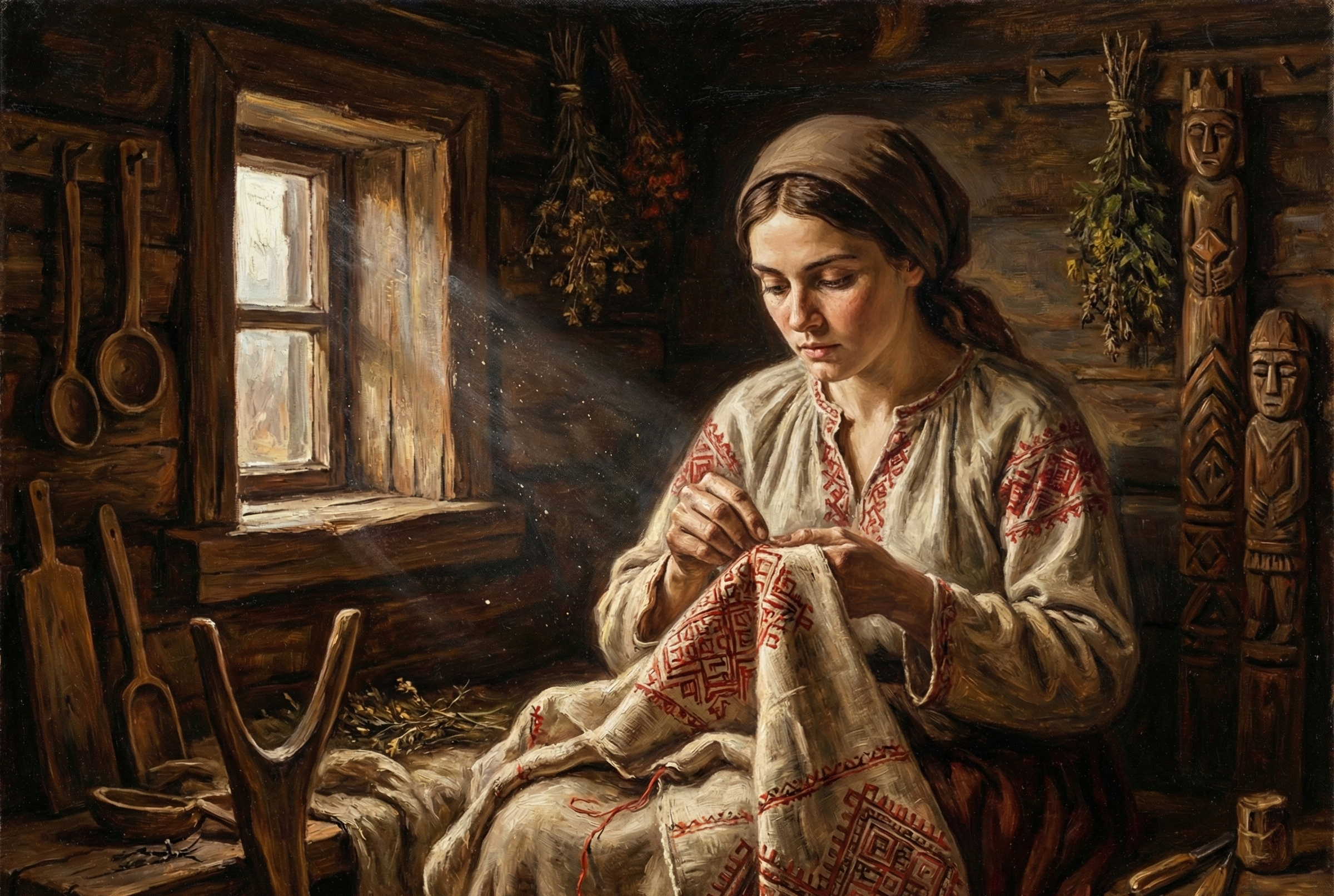 A woman is sitting in a rustic room and working on a loom to weave cloth. She has a basket next to her filled with natural fibers, a wooden spindle, and various other tools for weaving.