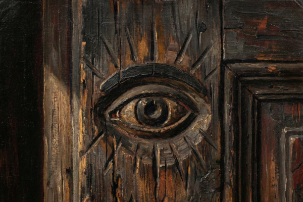 A painting of an eye peeking from behind a wooden door.