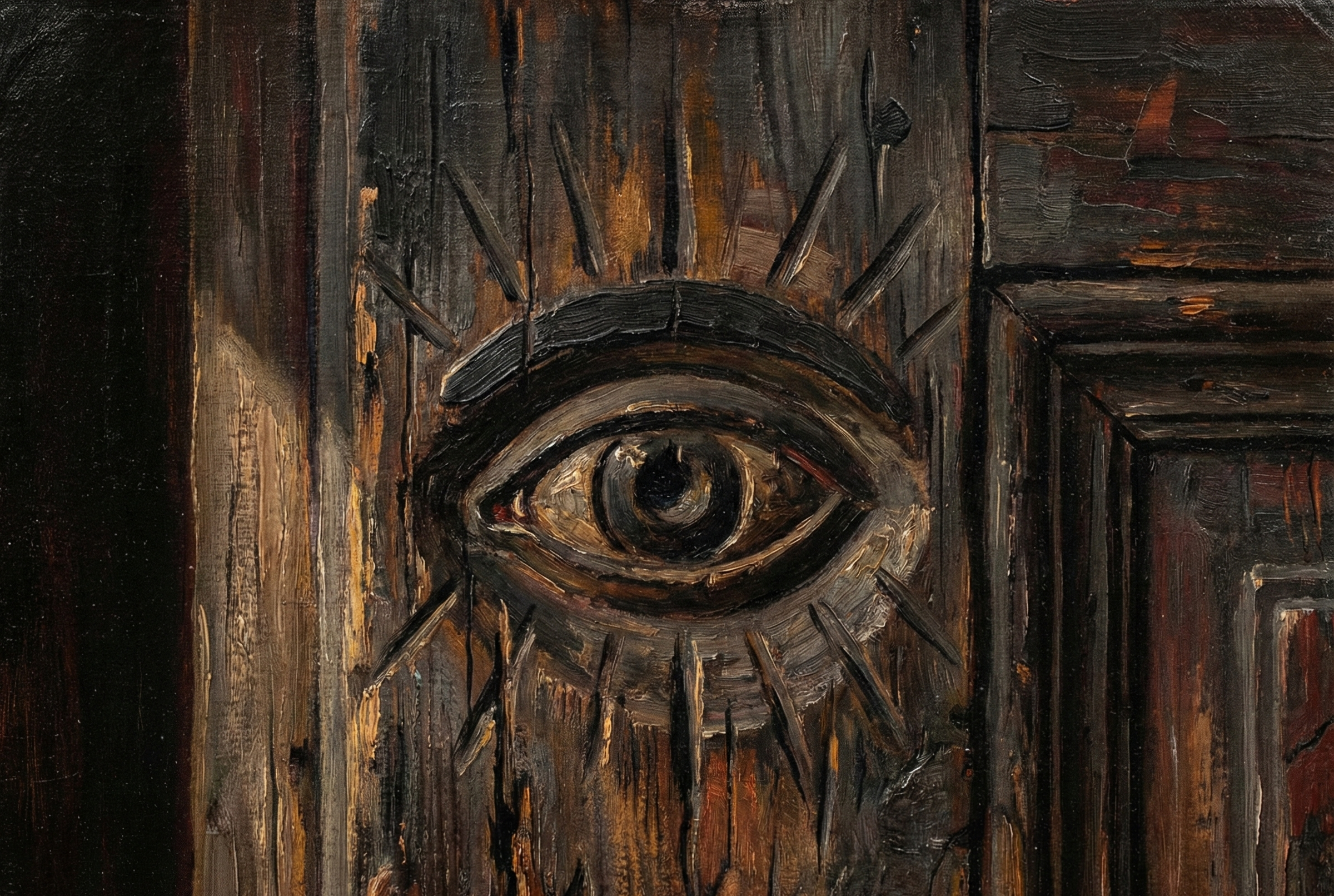 A painting of an eye peeking from behind a wooden door.