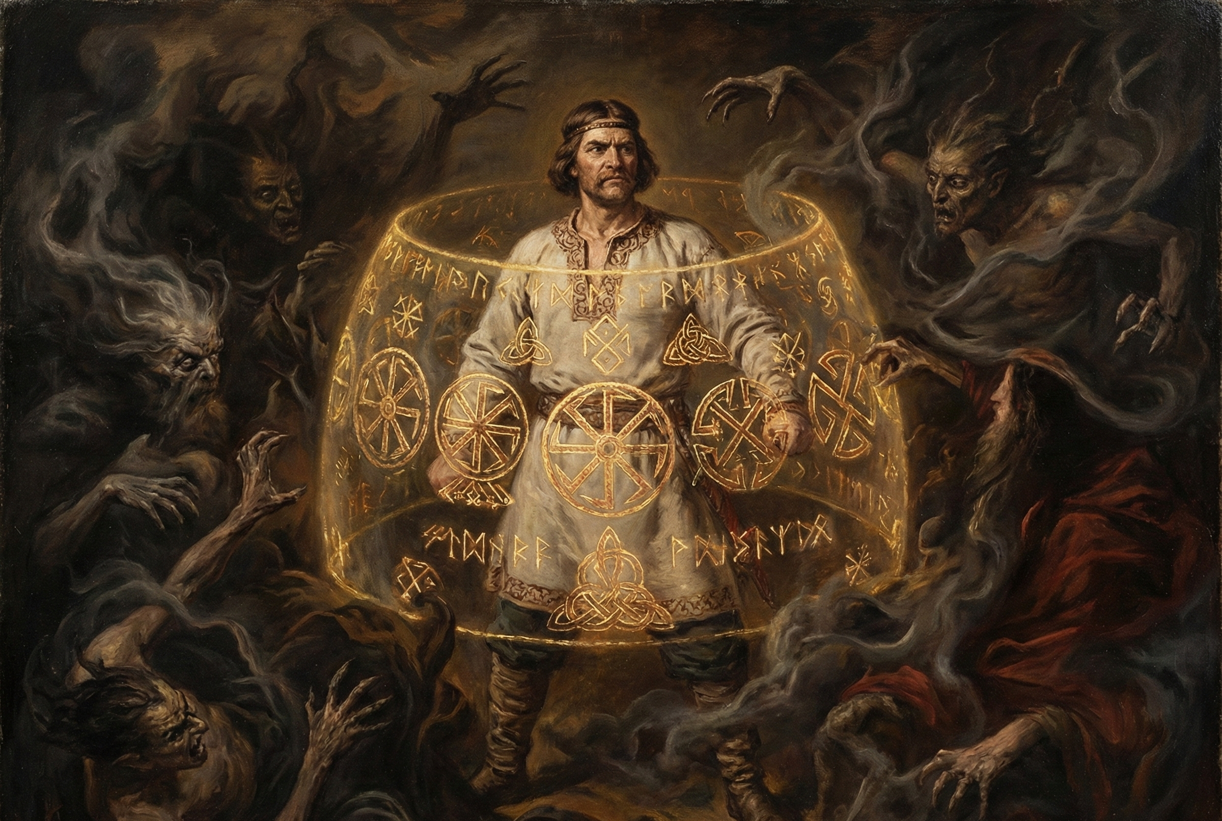 This is an artwork depicting a man in a folk costume standing before a circle of symbols or runes. He appears to be engaged in some sort of ritual or ceremony.