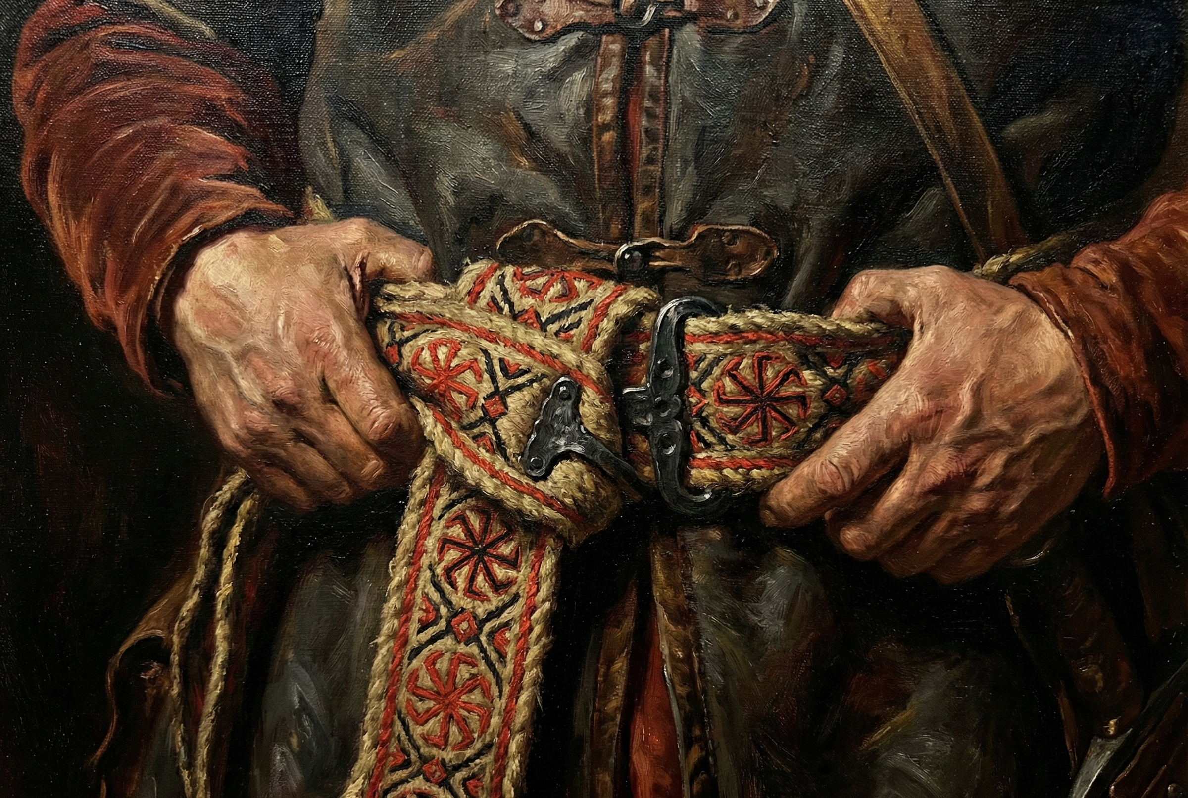 Painting of a person with traditional clothing and a belt.