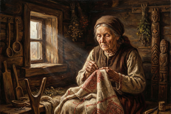 Old woman spinning wool in a cabin.