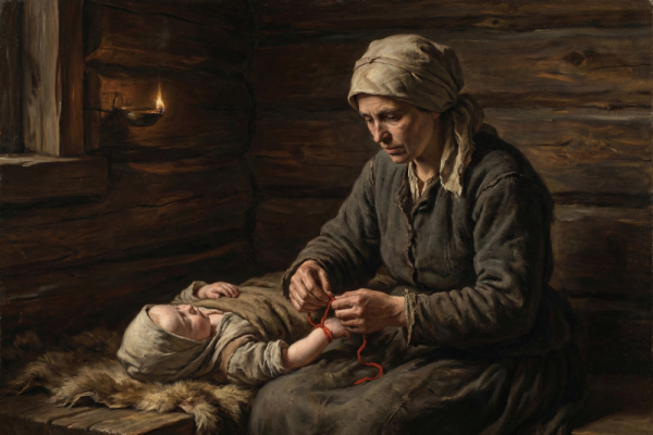 Woman with baby in hut. Needle threaded for sewing or clothing repair. Candlelight illuminates interior.