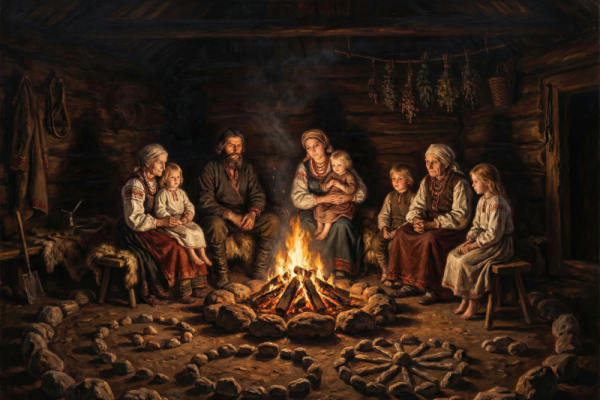 Family sitting around a campfire in the woods.