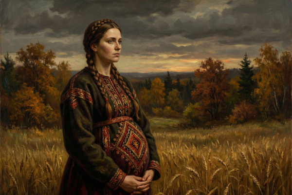 A woman stands in the field at sunset, with a stormy sky in the background. She is wearing a blue dress and holds an ear of corn in her hand.