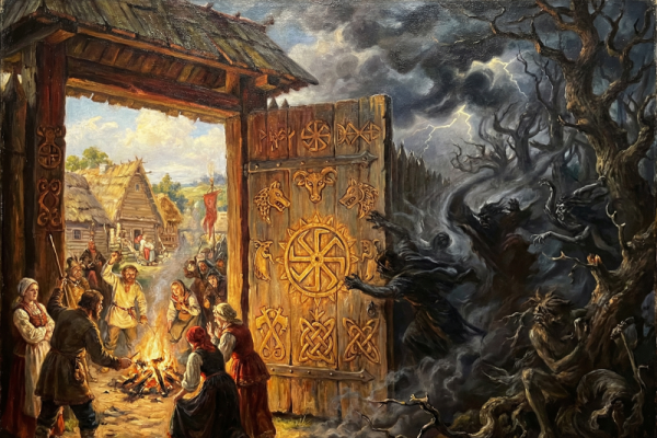 A group of people is gathered around a large wooden frame at the entrance of a village. The villagers are dressed in traditional clothing and are engaged in various activities related to the preparation of an offering or sacrifice.