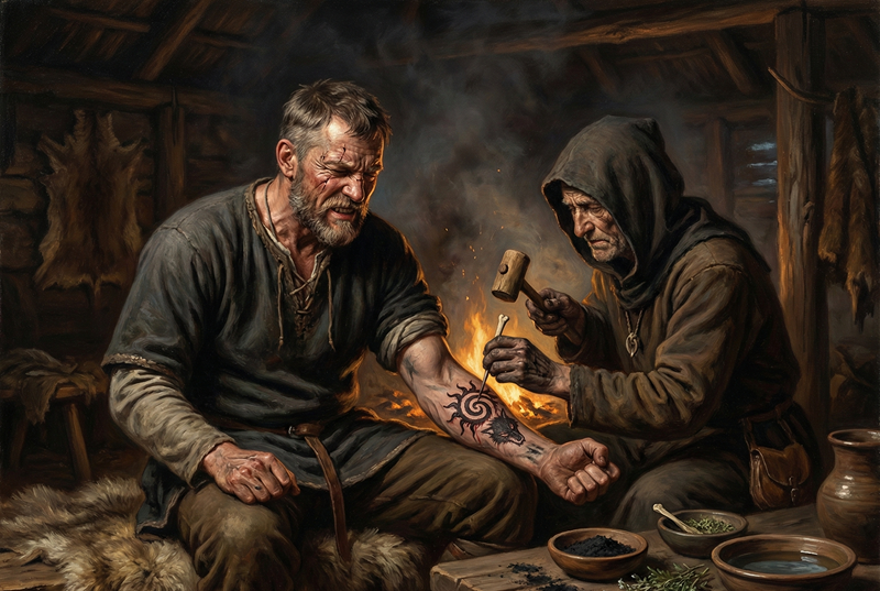 Man and elder in traditional hut.